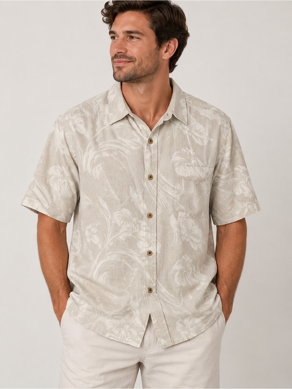 Tommy Bahama 100% Silk Tan Floral Short-Sleeve Button-Down Shirt medium